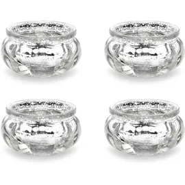 Partydeco Teelichtgläser 6x3cm Kerzenhalter Windlicht Kerzenglas 4er Set Hochzeit Weihnachten Tischdeko Silber/Vintage Teelichhalter aus Glas in schick-rustikaler Optik 4 Stück