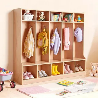 Vevor Offener Kinderkleiderschrank aus Holz, Kindergarderobe mit 10 Haken & 15 Fächern (5 Groß + 10 Klein), Garderobenregal & Aufbewahrungsregal für Kinderzimmer Zuhause Kindergarten Kita