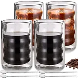 4er Pack Doppelwandige Gläser Latte Macchiato, 400ml Kaffee Gläser mit 4 Löffeln, Spiralförmig Kaffeetassen aus Glas Set für Cappuccino, Latte, Tee, EIS, Eistee, Iced Americano und Milch