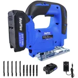 Akku-Stichsäge mit 2,0 AH Akku und Ladegerät, Elektrische Handsäge aus Holz und Metall zum Schneiden von Holz Kunststoff PVC, 26 mm Hublänge, Winkelschnitt ± 45 °, 4 Einstellungen der Orbitalposition