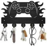 MAYJOYDIY Gamepad Schlüsselhalter Aus Holz Flammen Gamecontroller An Der Wand Montierte Schlüsselhaken 30 × 18cm Mit 5 Haken Aus Legierung Für Eingangsbereich Haustür Küche Bürodekoration