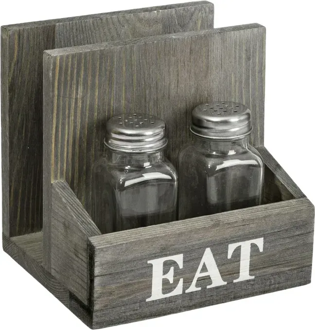 MyGift Weißer EAT Label Retro Grauer Holz-Serviettenhalter mit zwei Fächern für Salz- und Pfefferstreuer