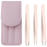 Sipliv Pinzette 3er Set, Edelstahl Präzisions-Pinzette und spitze Augenbrauen Pinzette mit einem Leder-Etui - Rosa