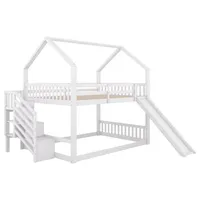 autolock Kinderbett Etagenbett,140x200cm,Hochbett mit Stauraumtreppe und Rutsche, Hausbett Kinderbett mit Geländer,geeignet für Kinder,Jugendliche weiß