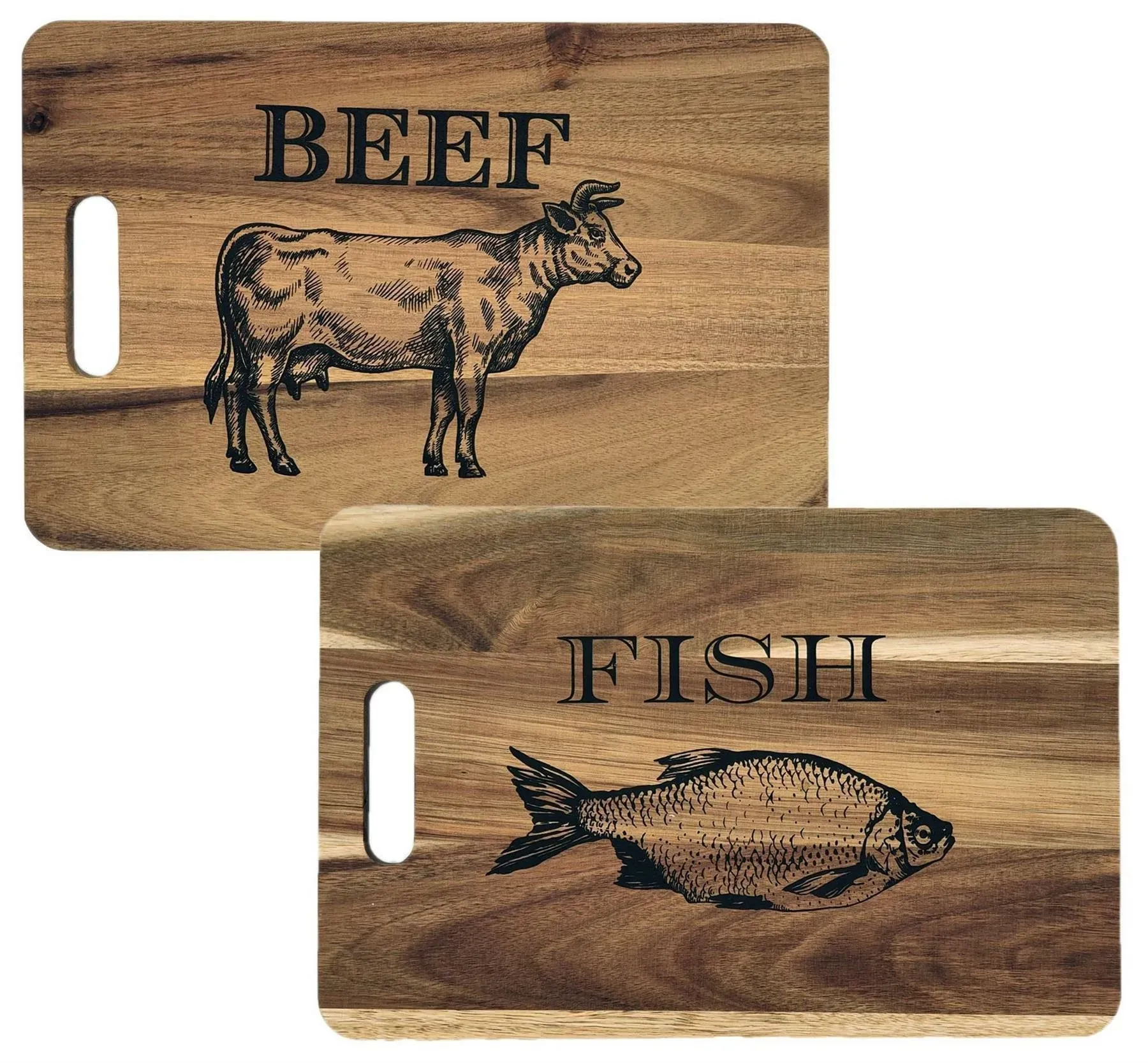 Schneidebrett aus Akazienholz mit Griff - Küchenbrett Schneidbrett 36x24x1,5cm - FISH & BEEF