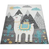 Paco Home Kinderteppich, Teppich Kinderzimmer Lama Berge Kinder-motiv, Grau Türkis Gelb, Grösse:80x150 cm