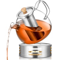 PORADA Teekanne Glas mit Edelstahl Erhitzer Teesieb Teekanne Tee Teekocher Teekanne mit Siebeinsatz Türkische Teekanne Stövchen (1500ml)