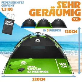 eloneo Pop Up Strandmuschel UV Schutz 80+, Leichter Aufbau und kleines Packmaß inkl. Tragetasche, Sonnenschutz & Windschutz für Babys und Erwachsene, Grün, 220x150x130 cm