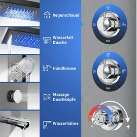 Toner Kingdom KEOKBON Duschpaneel Regendusche Edelstahl Schwarz mit LED-Lichter,5 Funktionen Duschsystem mit Handbrause, Massagedusche und Wasserfall Dusche