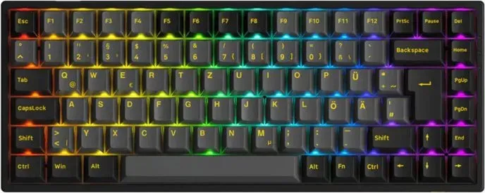 Akko 3084B Plus Tri-Mode mechanische Tastatur, 75 % ISO-DE Layout kabelloses Gaming-Keyboard mit V3 Pro Creme-Gelb-Switch, Tri-Mode Bluetooth/2,4G/USB-C, Hot-Swappable RGB - Schwarz & Gold