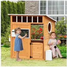 Outsunny Spielhaus für Kinder Holz Kinderspielhaus mit Fenster Briefkasten Blumentopfrack,