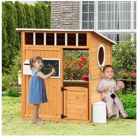 Outsunny Spielhaus für Kinder Holz Kinderspielhaus mit Fenster Briefkasten Blumentopfrack,