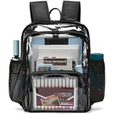 KUI WAN Transparenter Rucksack, transparente Rucksäcke für die Schule, strapazierfähig, durchsichtig, Büchertasche, wasserdichter Rucksack für Männer und Frauen, Schwarz, Large-15.5in
