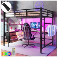 HAUSS SPOLE Hochbett 140x200cm mit Ambientelicht, Schreibtisch, Steckdose+USB, Schwarz (Hochbett 140x200 cm mit Ambientelicht, Schreibtisch, USB-Steckdose, 3 Schubladen & Regale, Geländer und Treppe, ideal für Jugendzimmer und kleine Apartments – Ohne Matratze) ohne Matratze