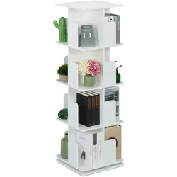 Relaxdays Bücherregal, 360 Grad drehbar, 4 Ebenen, Bücher, CDs, Deko, HBT: 125,5x39x39 cm, Wohnzimmer Drehregal, weiß