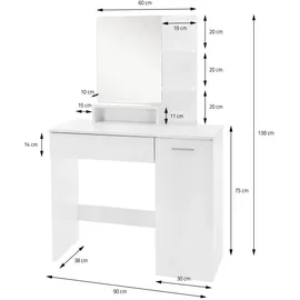ML-Design Schminktisch mit Hocker & Spiegel 90x38x138 cm, Weiß, Frisiertisch mit Schublade, moderner Kosmetiktisch Frisierkommode Make-up Tisch