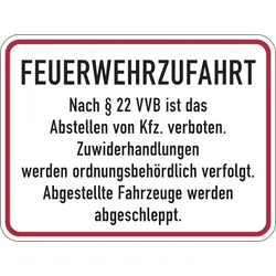 Hinweisschild Feuerwehrzufahrt, Feuerwehrzufahrt nach § 22 VVB - 400x300x0.6 mm Aluminium geprägt