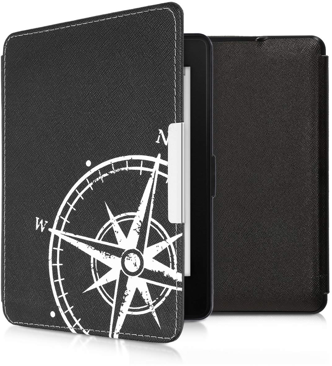 kwmobile Klapphülle kompatibel mit Amazon Kindle Paperwhite Hülle - eReader Case (für Modelle bis 2017) - Kompass Vintage Weiß Schwarz