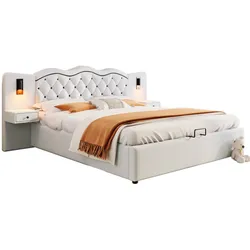Merax Polsterbett, Hydraulisches Doppelbett 180x200cm mit Nachttischlampen USB-Anschluss, Beige