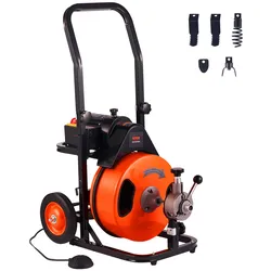 VEVOR Abflussreiniger Elektrische Rohrreinigung 220V Rohrreiniger 15mx12,7mm StahlKabel Rohrreinigungsspirale 1500U/min Leerlaufdrehzahl