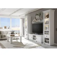 Home Affaire Wohnwand California, Anbauwand im Landhausstil, Komplettset mit Metallgriffen, (4-St., Besteht aus 1 Standregal, 1 Vitrine, 1 Lowboard, 1 Wandregal), enthält Standregal, Vitrine, Lowboard und Wandregal, 293 cm breit weiß