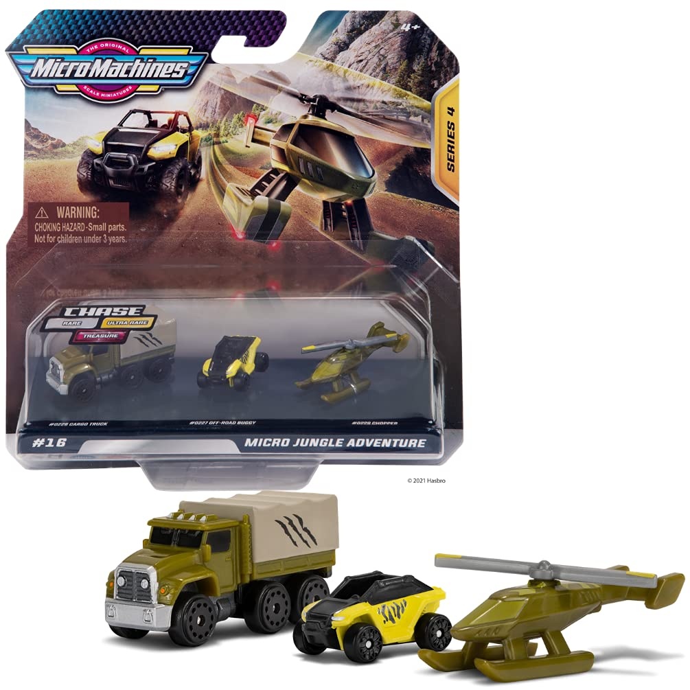 MicroMachines Starter Pack, Jungle Adventure - Enthält 3 Fahrzeuge, Truck, Buggy & Helikopter - Möglichkeit von etwas Seltenem Spielzeugautosammlung
