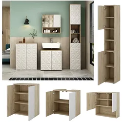 Vicco Badmöbel-Set Badezimmer-Möbel Bad-Schrank Edge Eiche Weiß modern Badezimmerschrank Waschbeckenunterschrank Spiegelschrank Hochschrank Badezimmerkommode