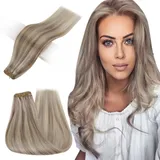 RUNATURE Extensions Echthaar Tressen Zum Einnähen Blond Highlight 55cm Lang Tressen Echthaar Graublond Mit Platinblond 100g Echthaar Tressen Gerade Haarverlängerung #19P60