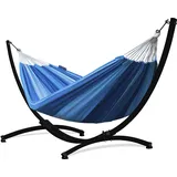 Potenza Outdoor Hängematte mit Gestell für 2 Personen I Baumwolle Doppelhängematte XXL 220x160, 200kg I Hängemattengestell 220kg, wetterfest (Blau, Gestell Schwarz)