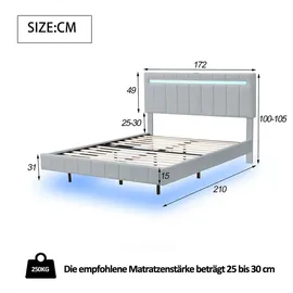 XDOVET Polsterbett mit LED-Leuchten und Kopfteildesign Doppelbett-Gästebett Hautfreundlichem Leinen 160 x 200 cm Grau - Grau