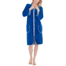 Aquarti Damen Velours Bademantel Morgenmantel Kurz mit Reißverschluss, Farbe: Blau, Größe: 3XL - 3XL