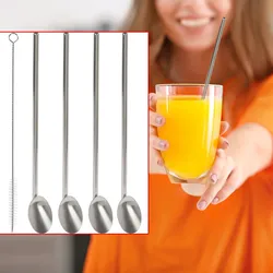 2in1 Trinkhalm-Löffel 5er-Set Edelstahl - Wiederverwendbar für Eiskaffee, Cocktails & Heissgetränke - Inkl. Reinigungsbürste, 21.5x0.6 cm