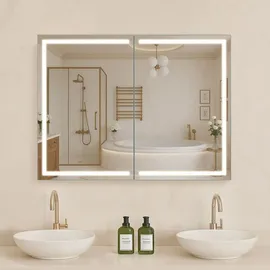 Vevor beleuchteter Medizinschrank mit Spiegel (60 x 80 cm) Wandmontage, 3-farbig dimmbarer LED-Badezimmerschrank mit HD-Spiegel, Memory-Funktion/verstellbaren Regalen, Stauraum/Steckdosen und USBs