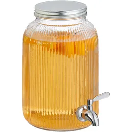 Relaxdays Getränkespender, dekorativer Limobehälter 4L, Zapfhahn u. Deckel, Wasserspender, Glas & Edelstahl, transparent