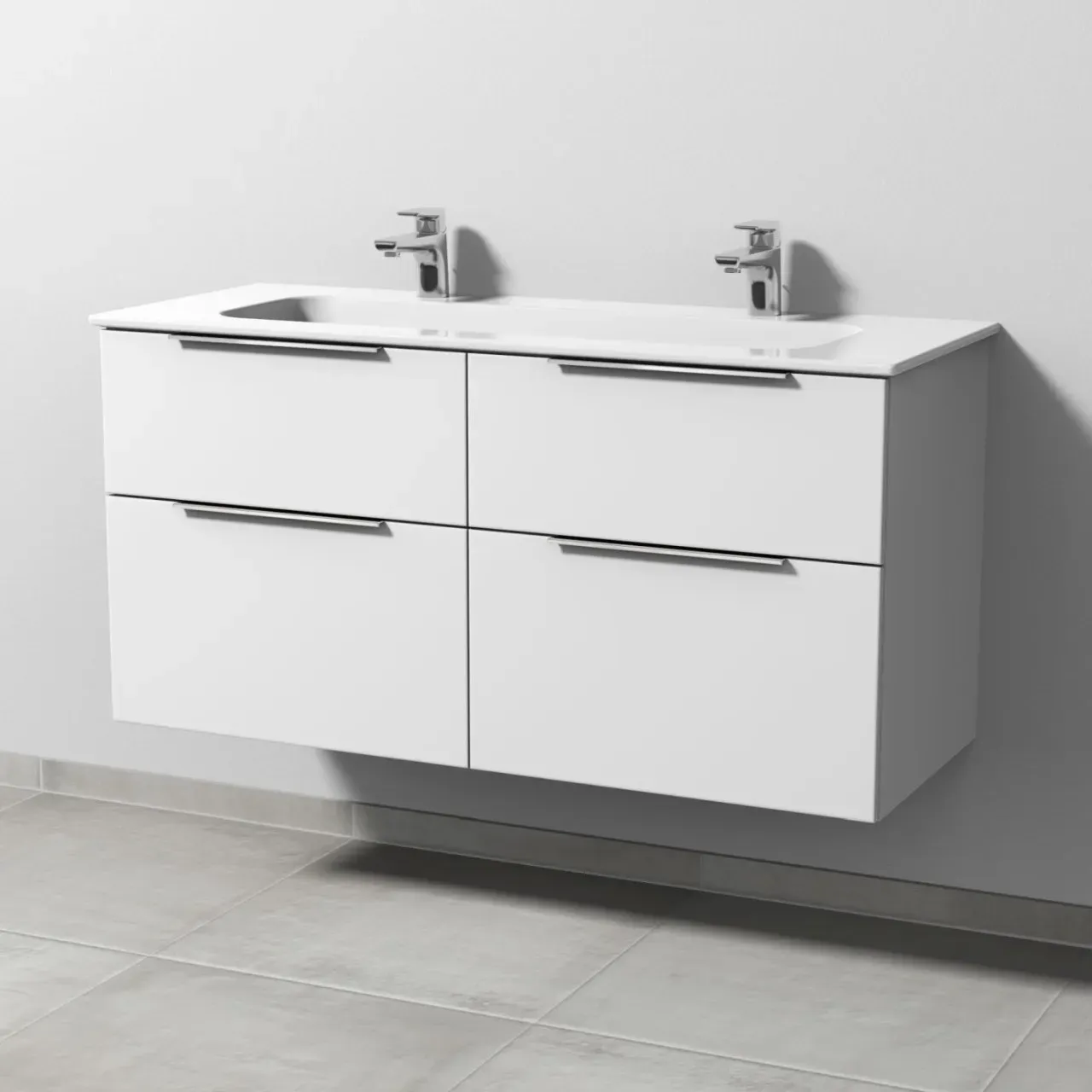 Sanipa 3way Keramik-Set Design Keramik-Doppelwaschtisch und Unterbau mit 4 Auszügen, Weiß-Soft UM48343