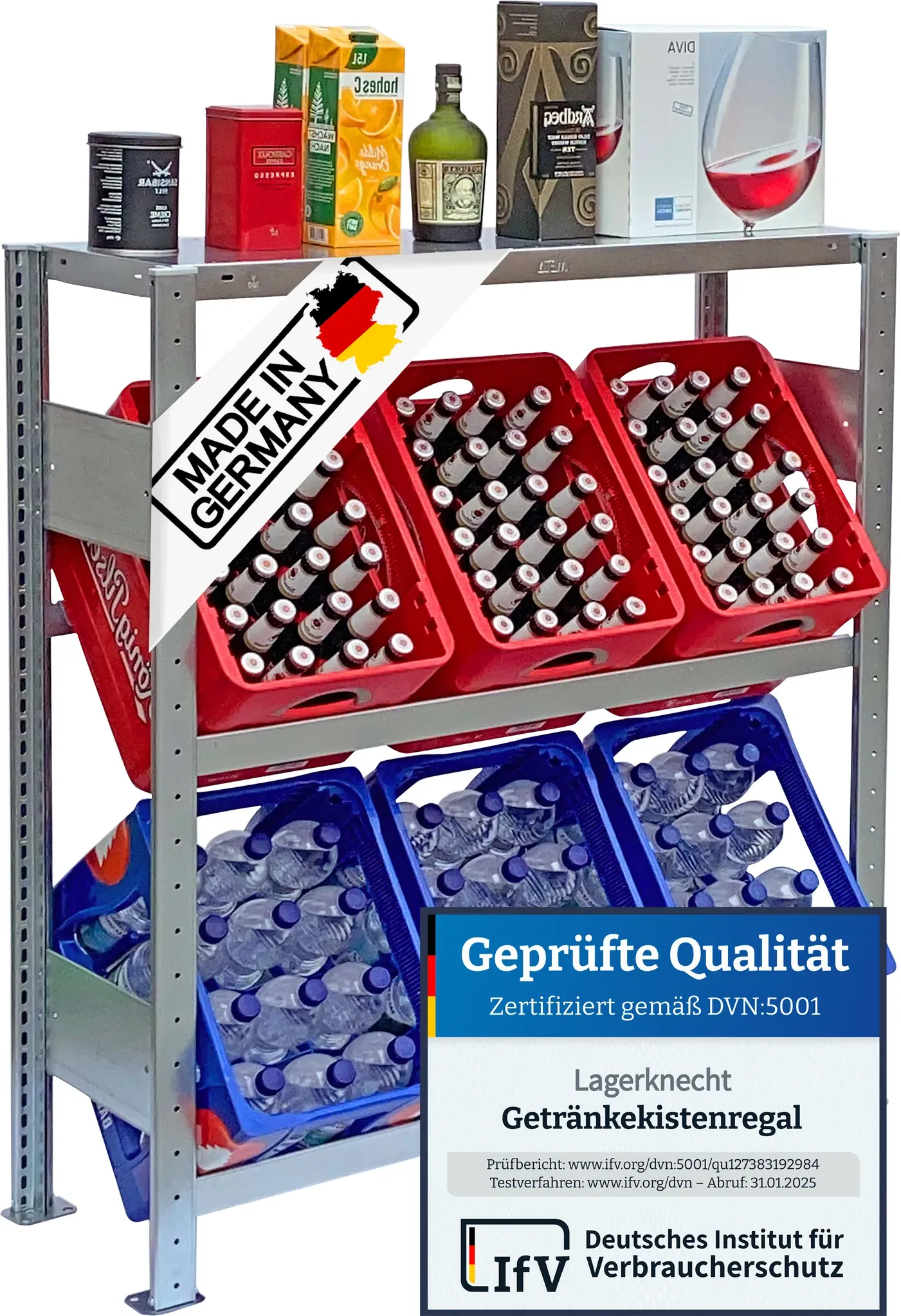 Getränkekistenregal 115×100 cm – 2 Ebenen, 1 FB, verzinkt [GR115-2E-1F-GR]