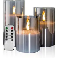 Set Mit 3 Flammenlosen, Flackernden Grauen Glaskerzen Mit Fernbedienung, Beweglichem Docht, Batteriebetrieben, Realistisch Warmem Licht