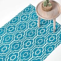 Homescapes Teppich/Bettvorleger Riga, handgewebt aus 100% Baumwolle, 90 x 150 cm, Baumwollteppich mit geometrischem Muster, türkis