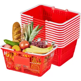 Vevor Einkaufskorb, 12 Stk., 21 L, PE-Kunststoff-Tragekorb mit Griffen, Universalkorb, hält bis zu 9,07 kg, Picknickkorb für Lebensmittel, Einzelhandel, Geschäfte, Supermärkte, Heimgebrauch, rot
