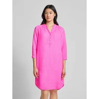 Knielanges Leinenkleid mit Tunikakragen, Neon Pink, 46