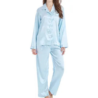 Damen Schlafanzug Pyjama Satin Lang Nachtwäsche Set Klassische Loungewear (Hellblau, S) - S