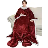 Catalonia Classy Flauschig Decke mit Ärmeln und Fußtasche Warm Geschenk für Frauen Herren Weihnachten, Flauschige Sherpa Kuscheldecke mit Ärmeln, Wohndecke zum Anziehen Erwachsene, 190 x 135 cm Wein