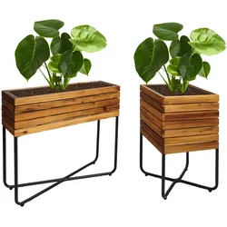 2er-Set Pflanzkasten HWC-L25, Blumenkasten, rechteckig quadratisch Outdoor Stahl Akazie Holz FSC¬Æ-zertifiziert, braun