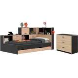 Gami Jugendzimmer-Set GAMI "Erwan", schwarz (kastanie natur, schwarz), B:120cm H:104cm T:221cm, Spanplatte, Schlafzimmermöbel-Sets, Ideal für Kinder- und Jugendzimmer