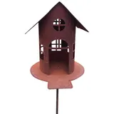 steinfigurenwelt gieben Vogelhaus mit Steg zum Beleuchten H21cm + Stab Gartenstecker Edelrost Gartendeko Metall Rost