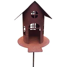 steinfigurenwelt gieben Vogelhaus mit Steg zum Beleuchten H21cm + Stab Gartenstecker Edelrost Gartendeko Metall Rost