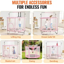 Vevor Kindertrampolin Trampolin Mini Freizeittrampolin 147 cm für Kleinkinder einstellbar mit Sicherheitsnetz & Basketballkorb, Geburtstagsgeschenk Weihnachtsspielzeug für Kinder ab 3 Jahren Rosa