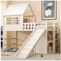 MODFU Kinderbett Massivholz Spielbett, Hochbett (mit langer Rutsche & Dachoptik, mit Stauraum & Sicherheitsleiter, 90x200 cm), ohne Matratze weiß