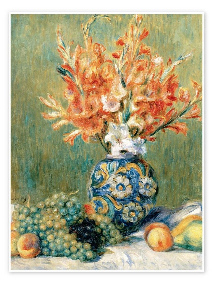Posterlounge Poster Pierre-Auguste Renoir, Stillleben mit Obst und Blumen, Malerei grün 30 cm x 40 cm