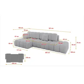 altdecor Ecksofa Olea-L2 Samt mit Schlaffunktion 3-Sitzer Grau